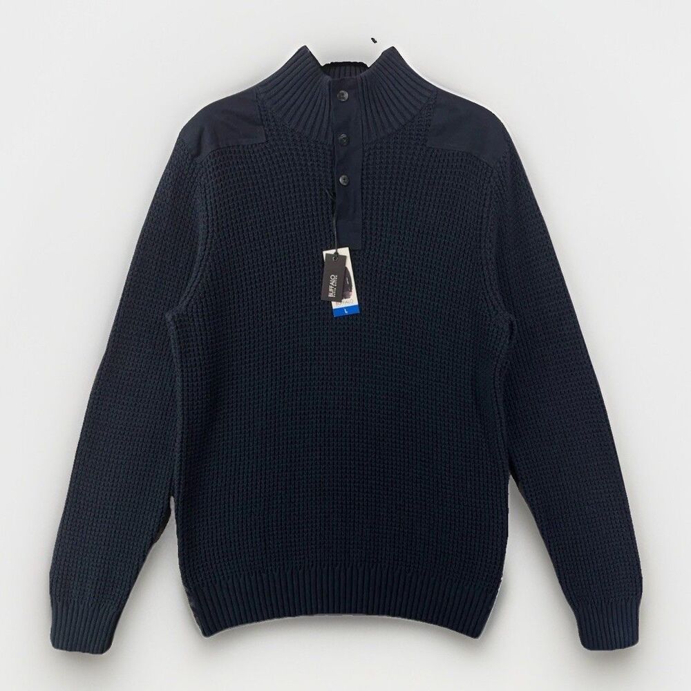 Buffalo David Bitton Men Waffle Knit Button Mock Neck Sweater L Navy Blue NWT